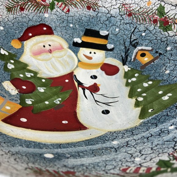 Vintage Wooden Santa & Snowman Hand Painted Dough Bowl Folk Art Rustic Crackle - Picture 6 of 8